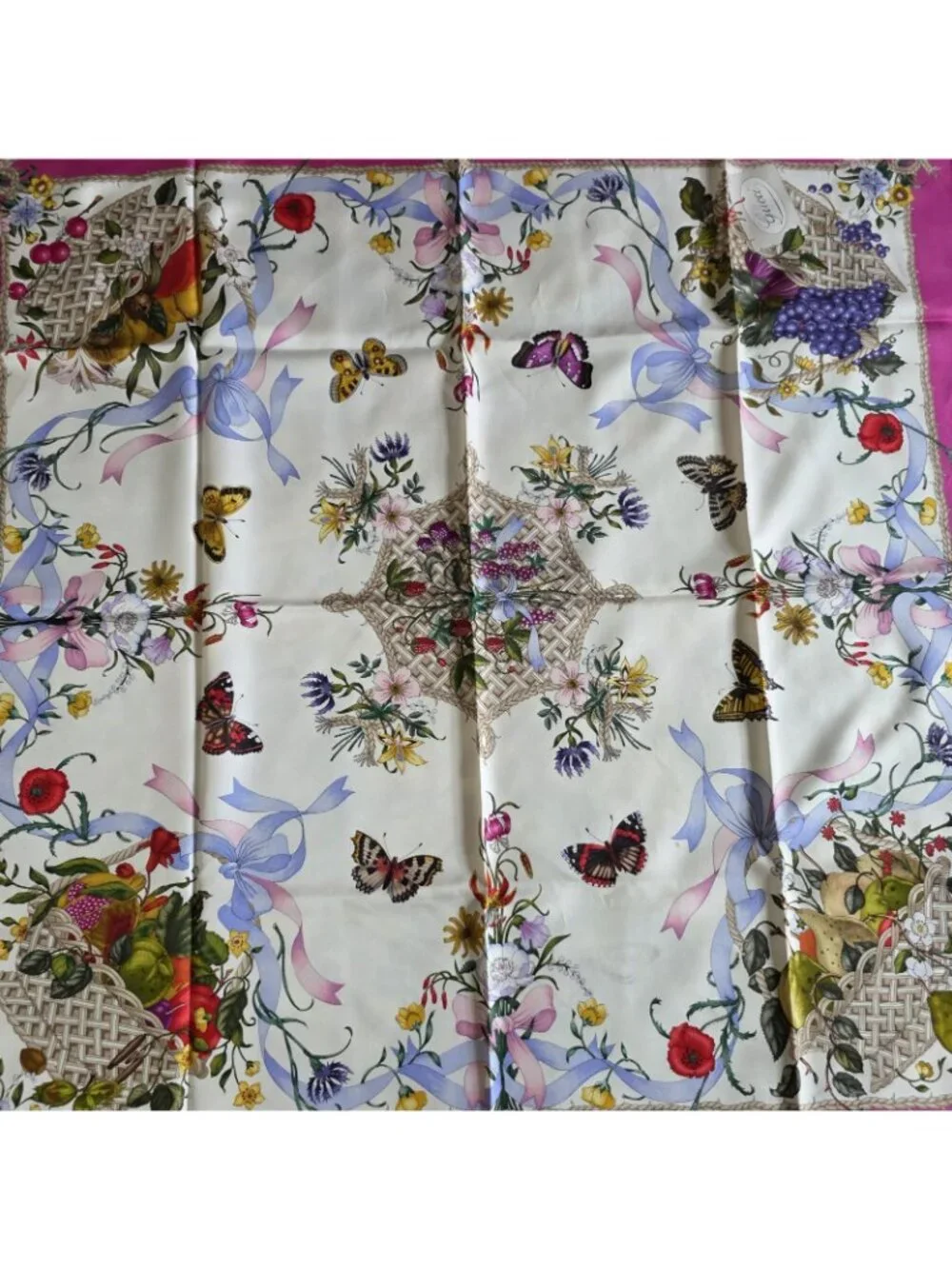 Vtg Gucci V. Accornero Silk Butterfly Floral Print Hand Rolled Scarf 34